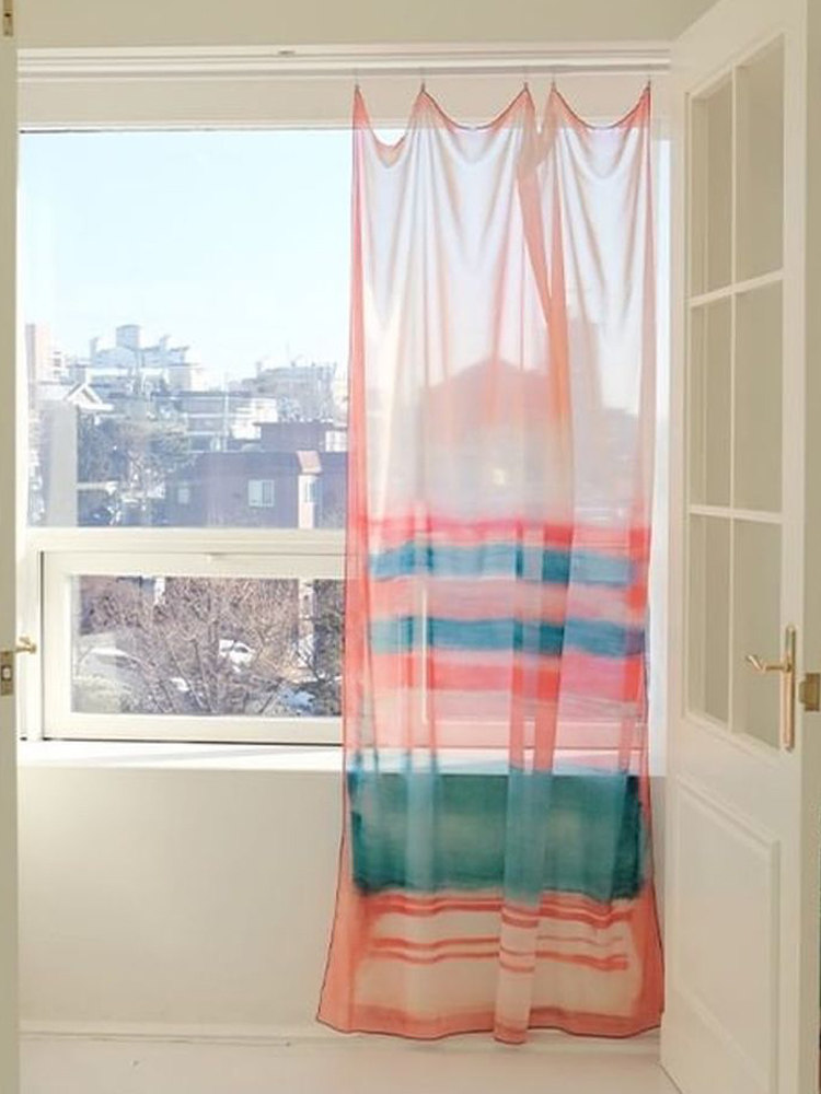 Home Office Backdrop - Chiffon Pink Seaside Pattern Transmitting Curtains