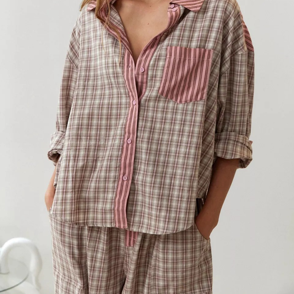 Stripe Plaid Patchwork Blouse  - Home Office 2024 评论和价格