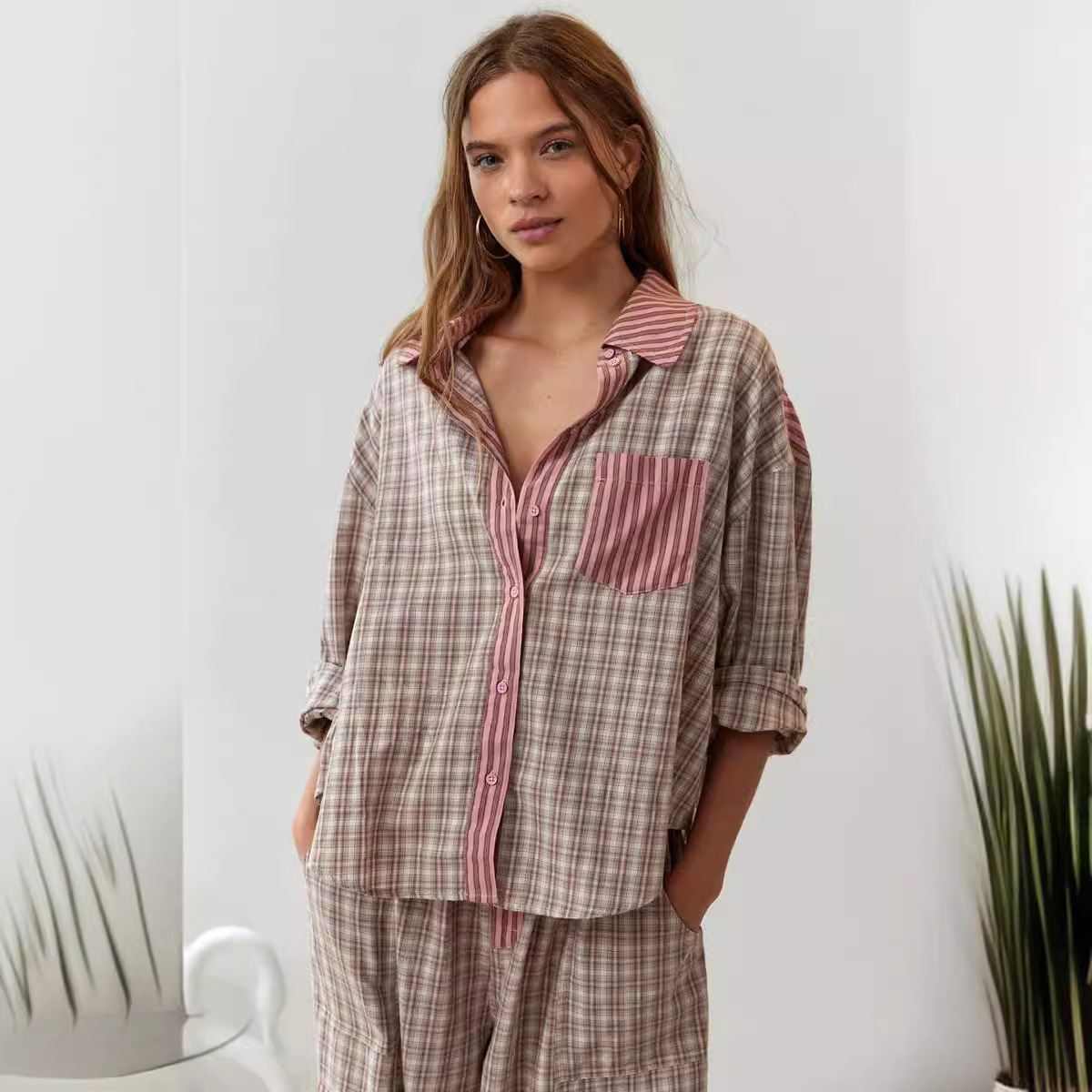 Stripe Plaid Patchwork Blouse  - Home Office 2024 评论和价格