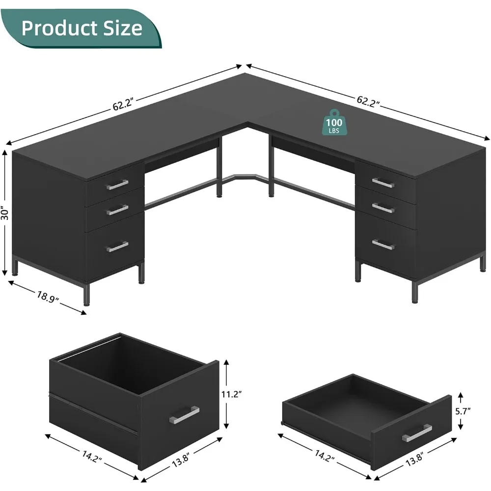 TVU 59’‘ L Shaped Desk with 6  - Home Office L Shaped Desk 评论和价格